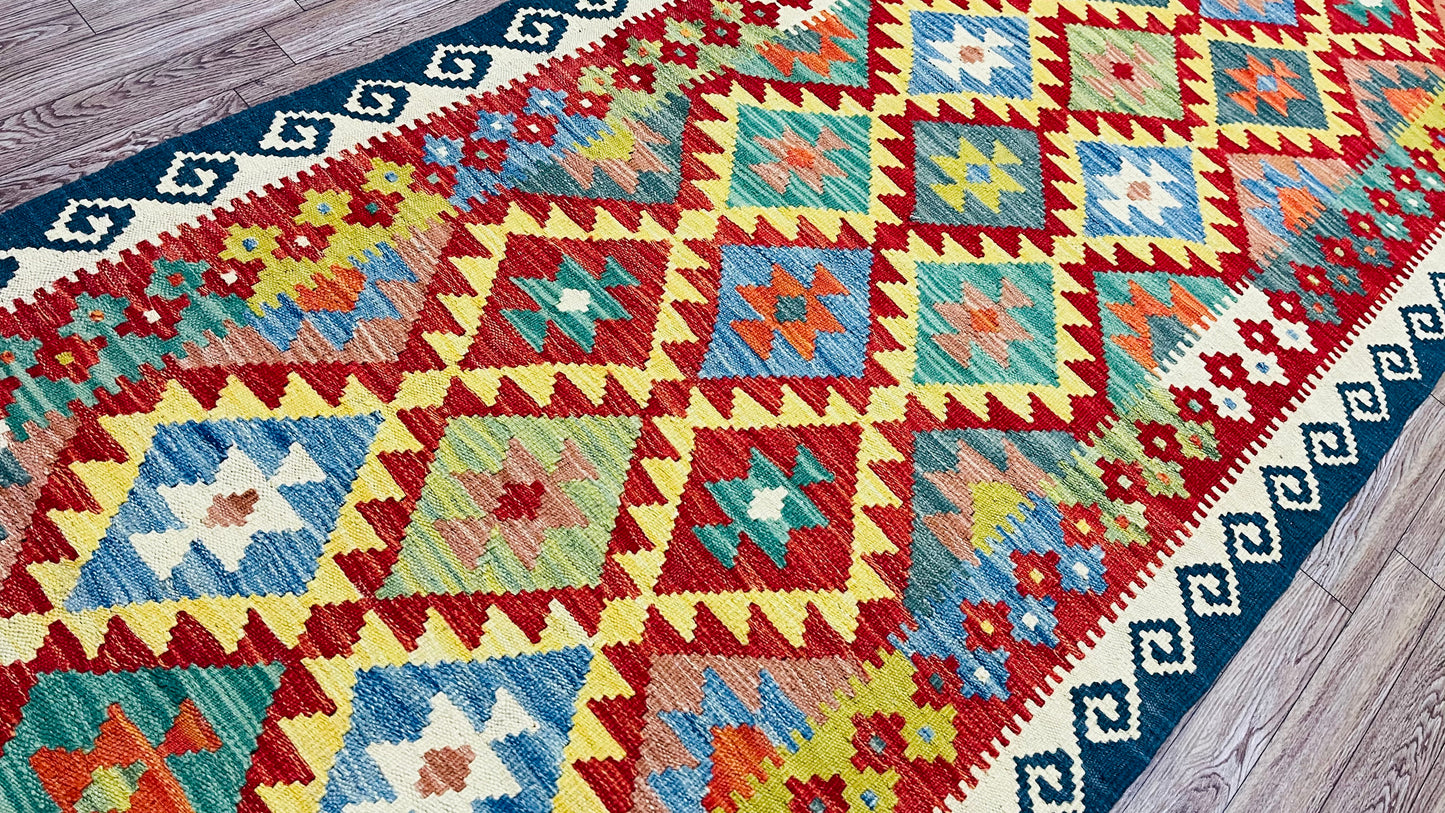 Colorful, Handwoven, Fine Afghan Maimana Kilim - Reversible Runner Rug - 8’ 0’’ x 2’ 10’’