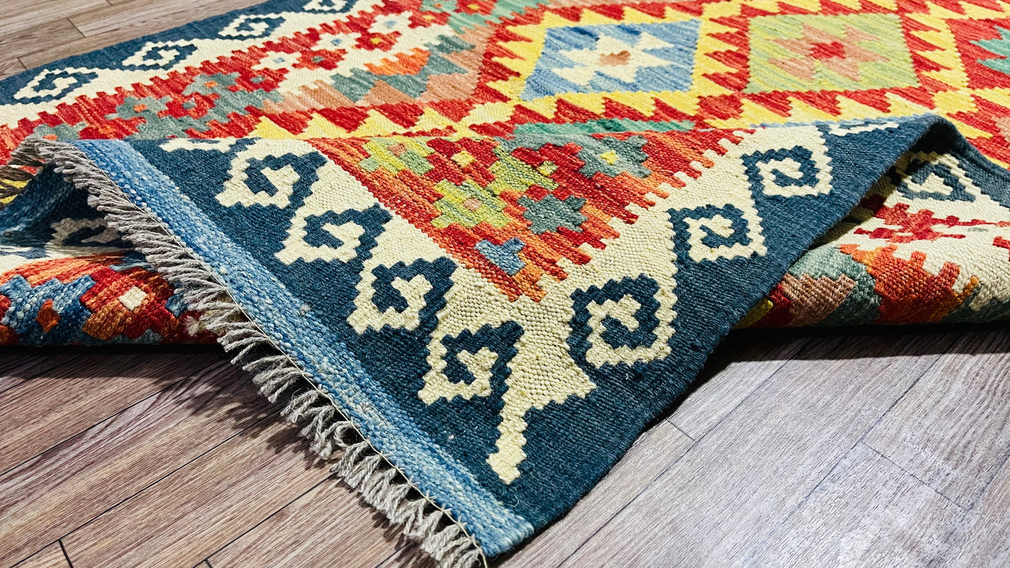 Colorful, Handwoven, Fine Afghan Maimana Kilim - Reversible Runner Rug - 8’ 0’’ x 2’ 10’’