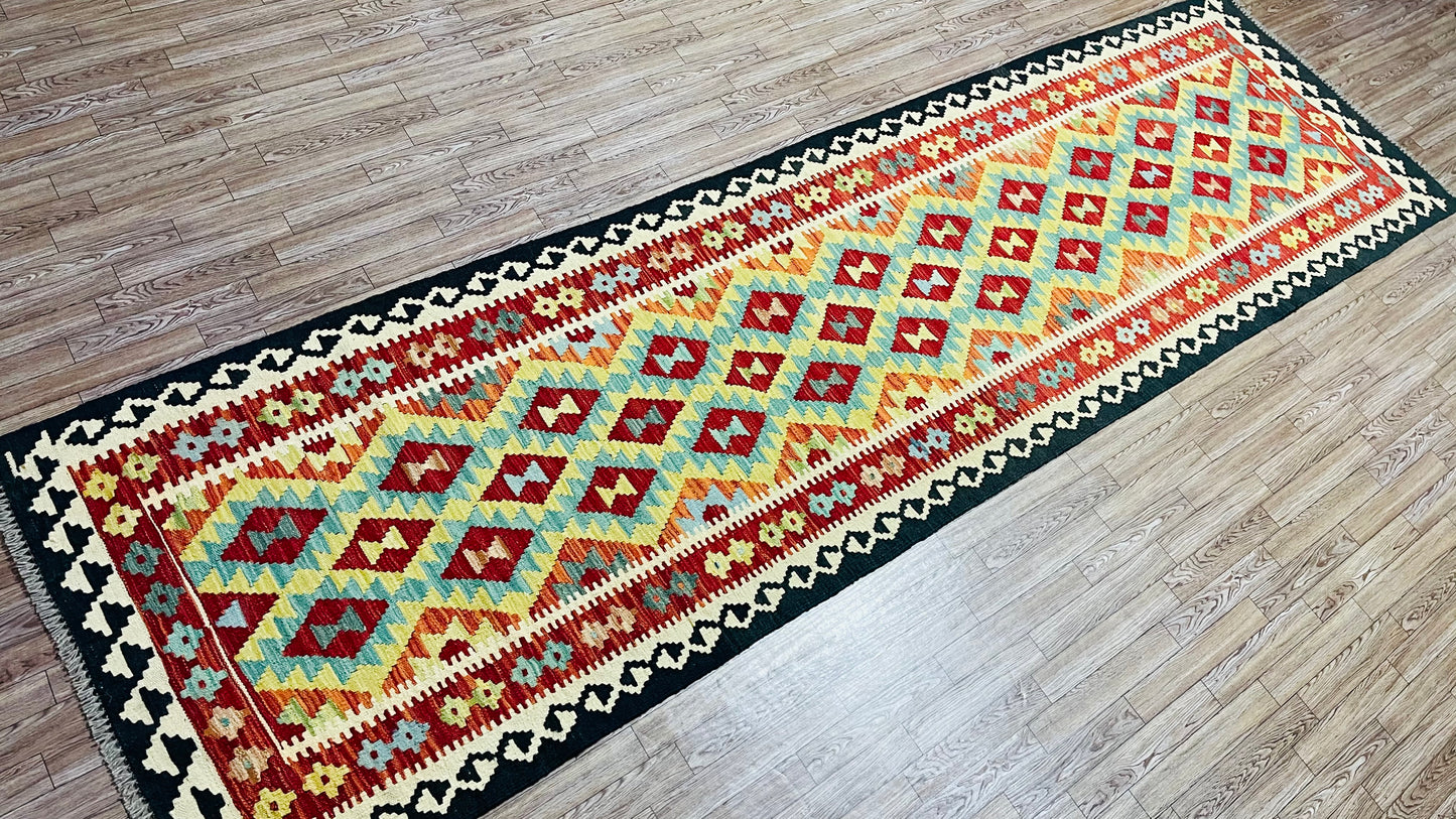 Colorful, Handwoven, Fine Afghan Maimana Kilim - Reversible Runner Rug - 9’ 9’’ x 2’ 9’’