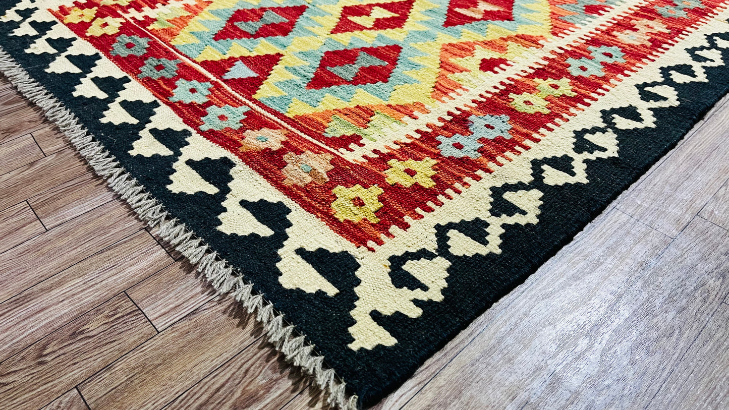 Colorful, Handwoven, Fine Afghan Maimana Kilim - Reversible Runner Rug - 9’ 9’’ x 2’ 9’’