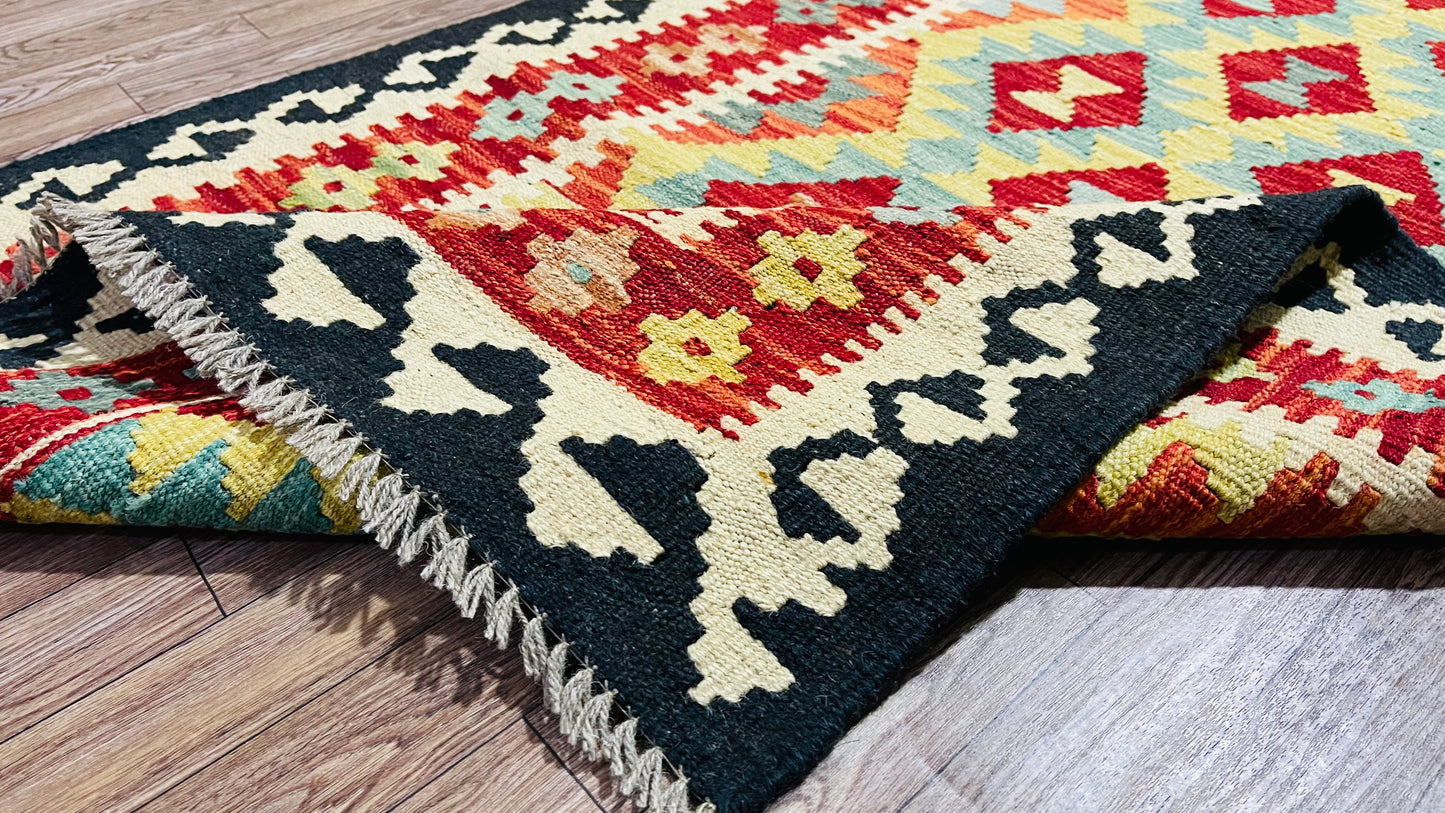 Colorful, Handwoven, Fine Afghan Maimana Kilim - Reversible Runner Rug - 9’ 9’’ x 2’ 9’’