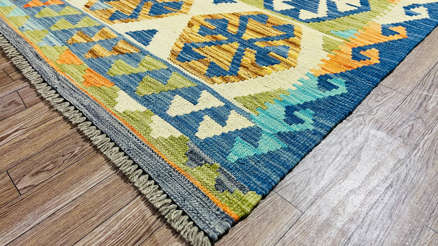 Colorful, Handwoven, Fine Afghan Maimana Kilim - Reversible Runner Rug - 9’ 9’’ x 2’ 7’’