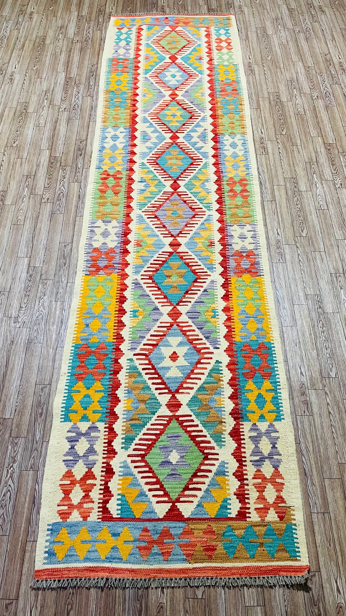 Colorful, Handwoven, Fine Afghan Maimana Kilim - Reversible Runner Rug - 9’ 8’’ x 2’ 6’’