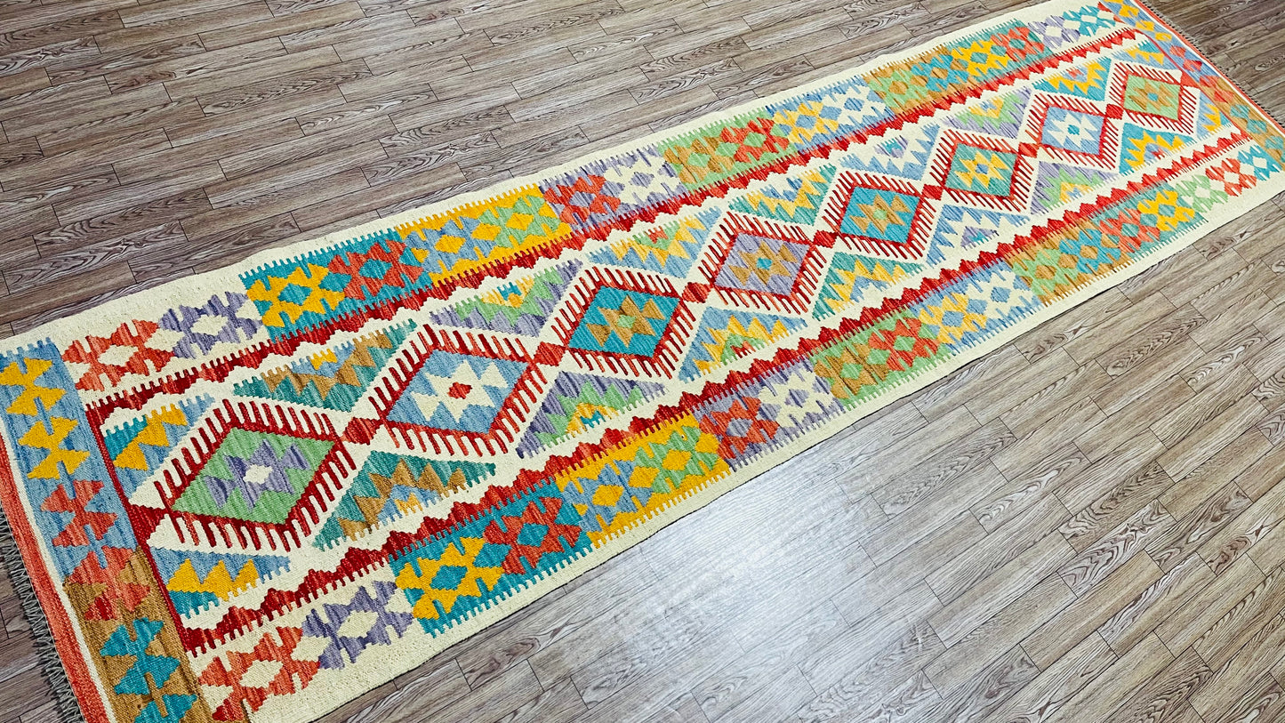 Colorful, Handwoven, Fine Afghan Maimana Kilim - Reversible Runner Rug - 9’ 8’’ x 2’ 6’’