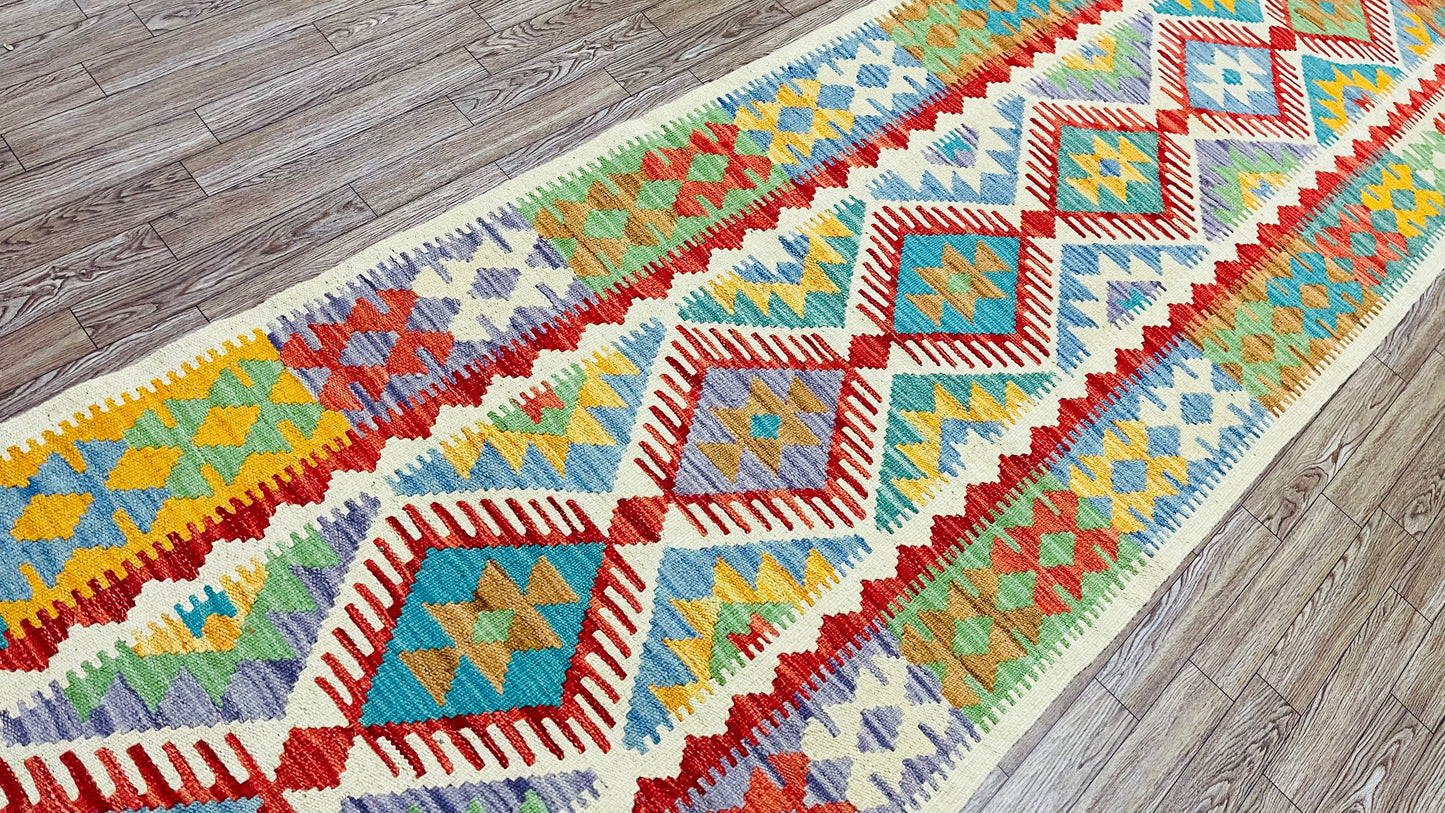 Colorful, Handwoven, Fine Afghan Maimana Kilim - Reversible Runner Rug - 9’ 8’’ x 2’ 6’’