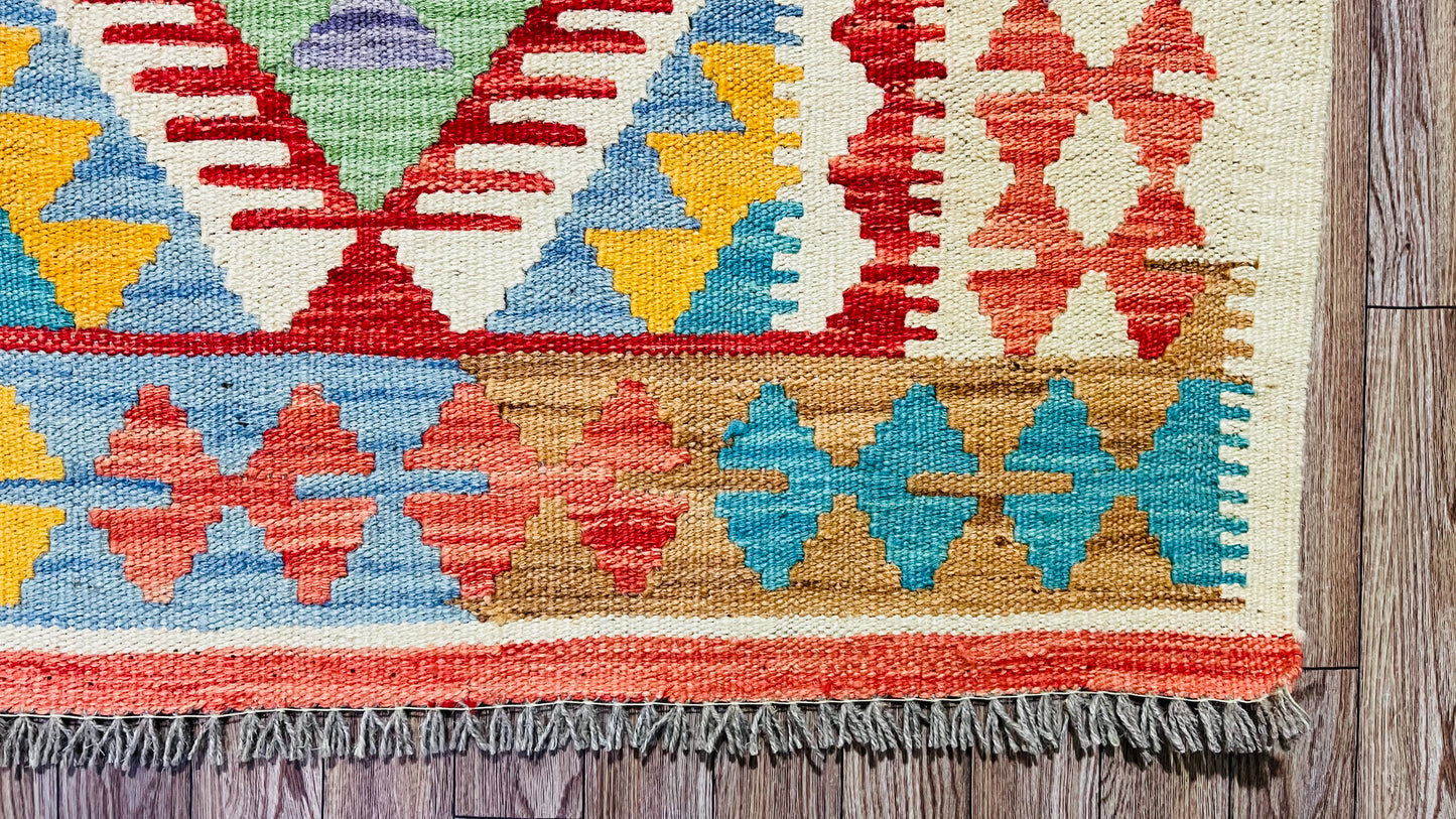 Colorful, Handwoven, Fine Afghan Maimana Kilim - Reversible Runner Rug - 9’ 8’’ x 2’ 6’’