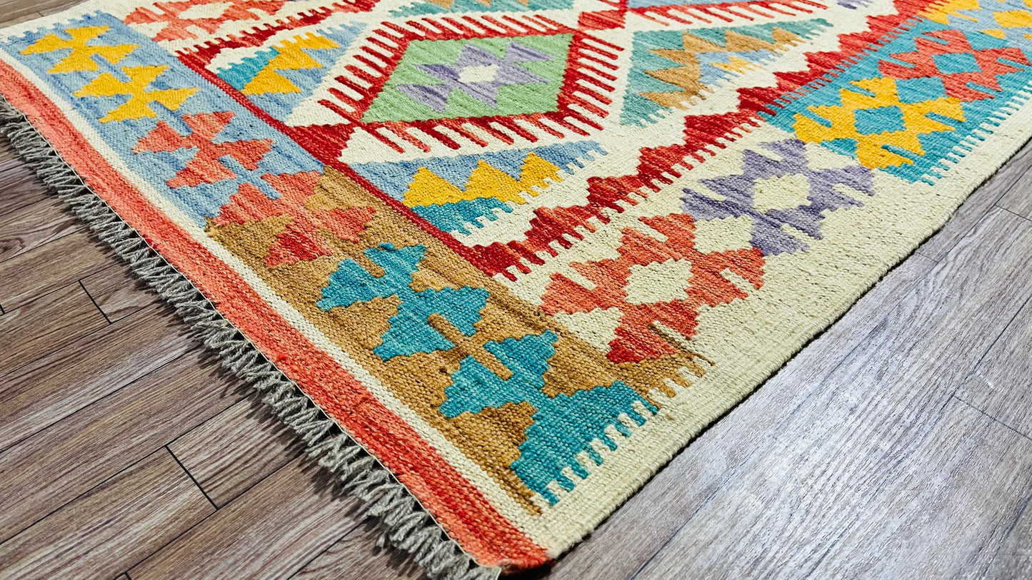 Colorful, Handwoven, Fine Afghan Maimana Kilim - Reversible Runner Rug - 9’ 8’’ x 2’ 6’’