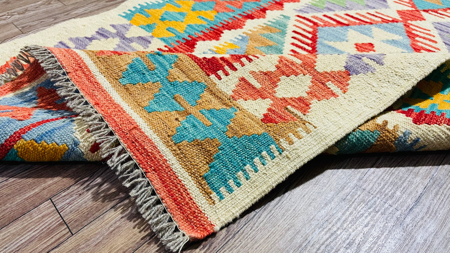 Colorful, Handwoven, Fine Afghan Maimana Kilim - Reversible Runner Rug - 9’ 8’’ x 2’ 6’’