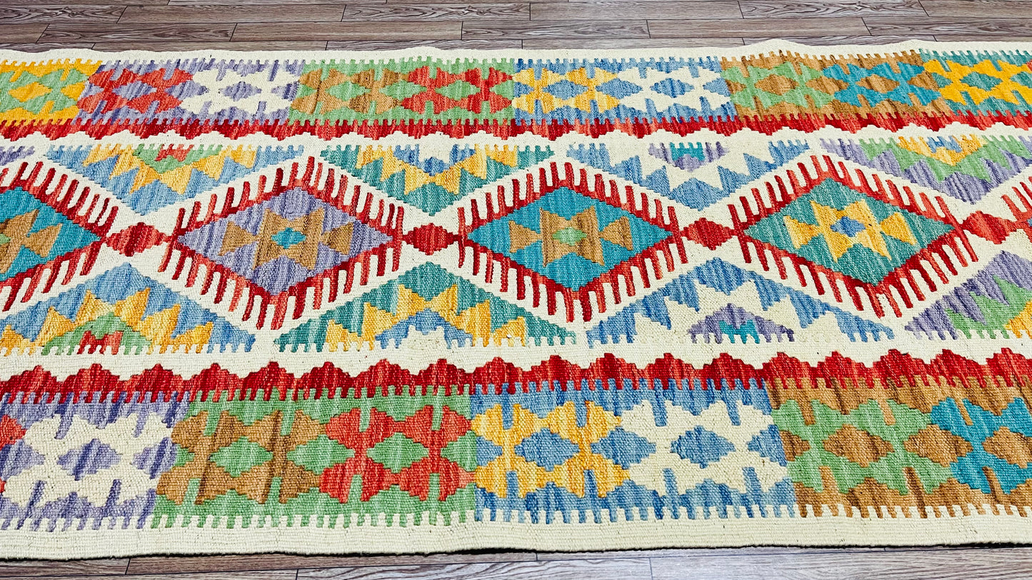 Colorful, Handwoven, Fine Afghan Maimana Kilim - Reversible Runner Rug - 9’ 8’’ x 2’ 6’’