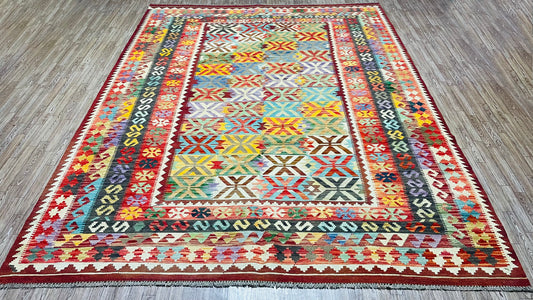 Colorful, Handwoven, Fine Afghan Maimana Kilim - Reversible Area Rug - 9’ 5’’ x 7’ 2’’