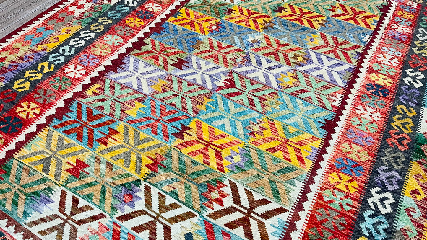 Colorful, Handwoven, Fine Afghan Maimana Kilim - Reversible Area Rug - 9’ 5’’ x 7’ 2’’