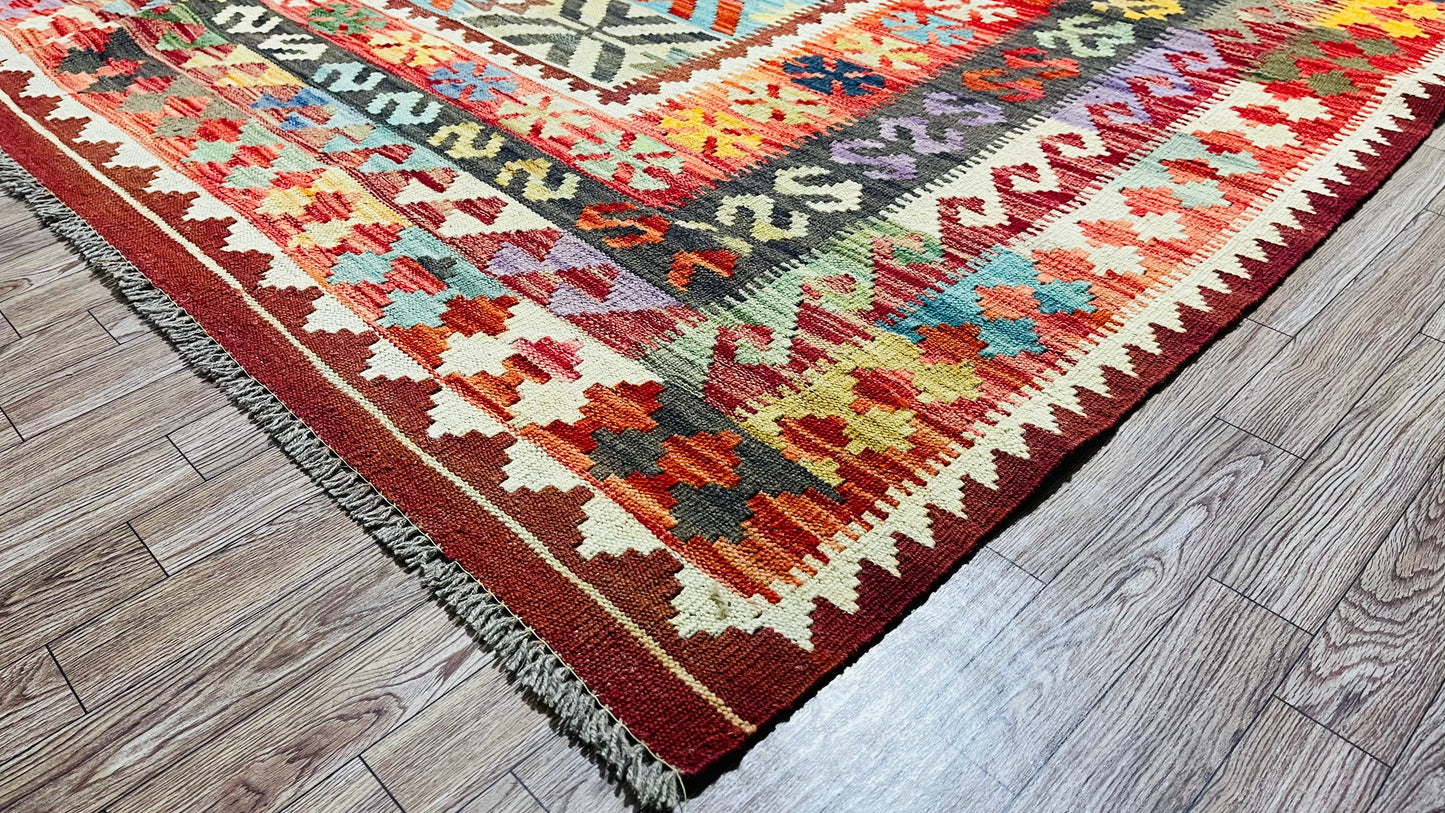 Colorful, Handwoven, Fine Afghan Maimana Kilim - Reversible Area Rug - 9’ 5’’ x 7’ 2’’