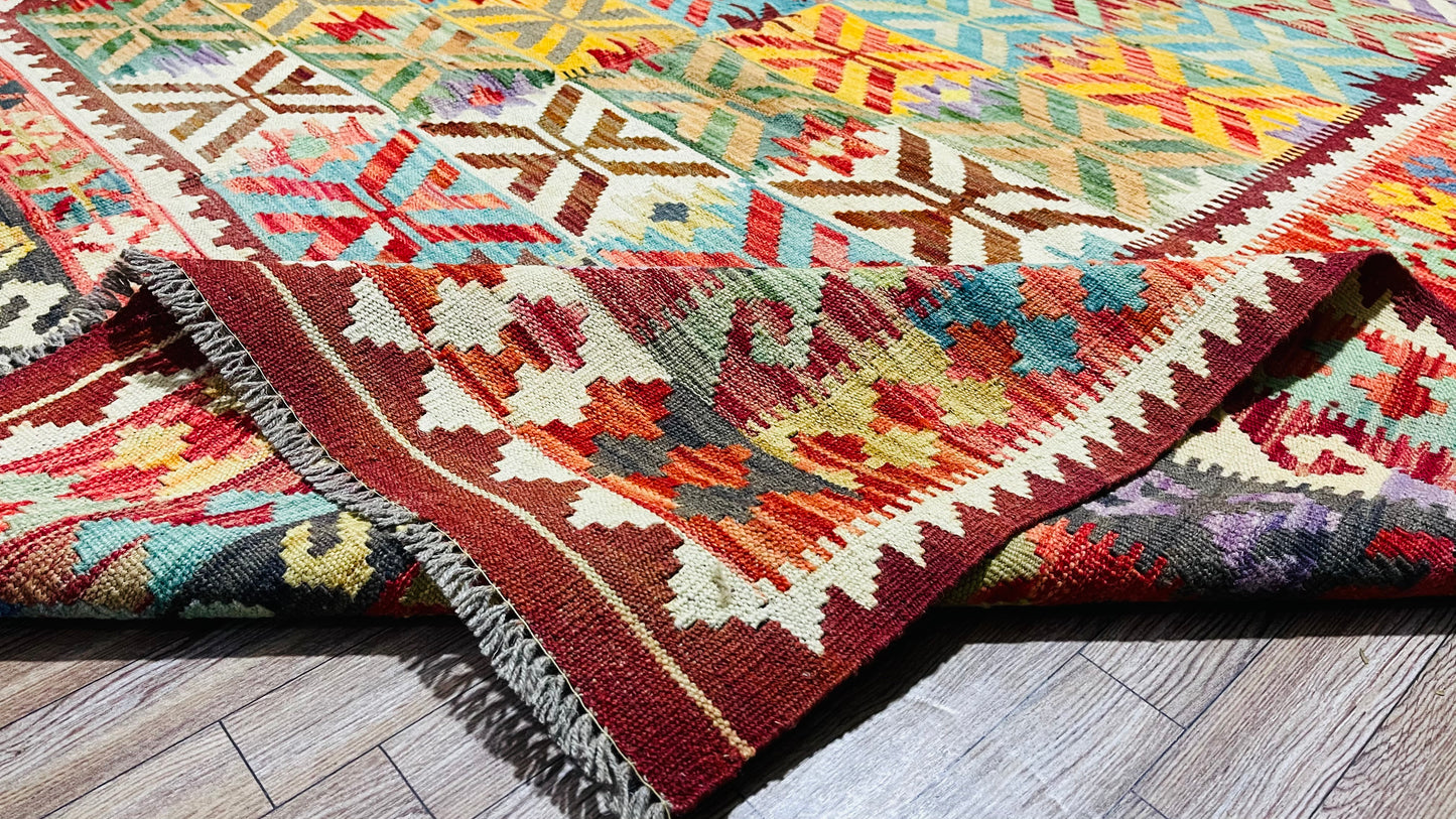 Colorful, Handwoven, Fine Afghan Maimana Kilim - Reversible Area Rug - 9’ 5’’ x 7’ 2’’