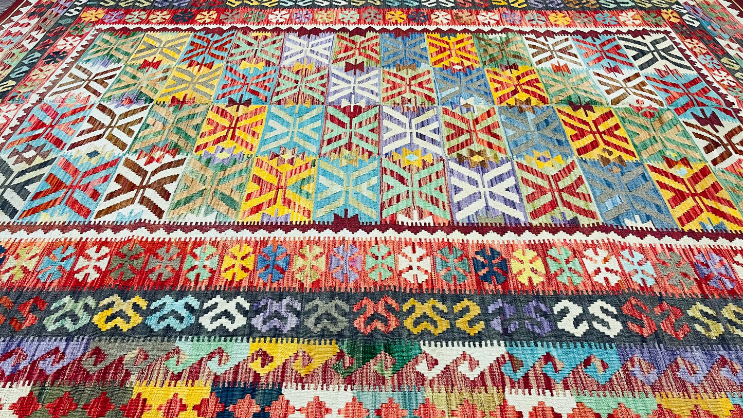 Colorful, Handwoven, Fine Afghan Maimana Kilim - Reversible Area Rug - 9’ 5’’ x 7’ 2’’