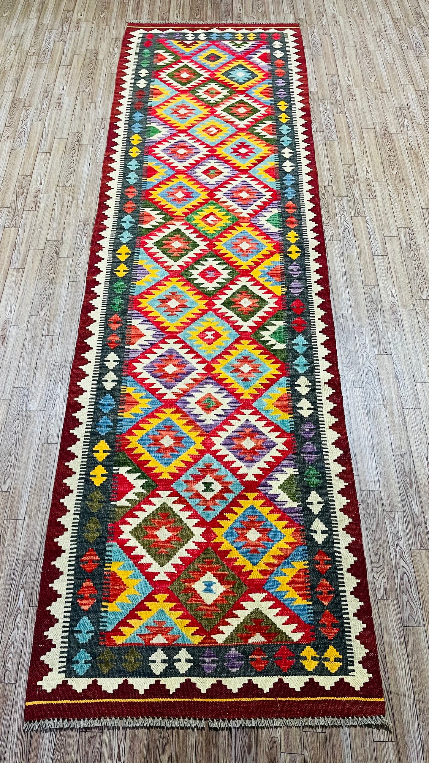 Colorful, Handwoven, Fine Afghan Maimana Kilim - Reversible Runner Rug - 9’ 9’’ x 2’ 9’’