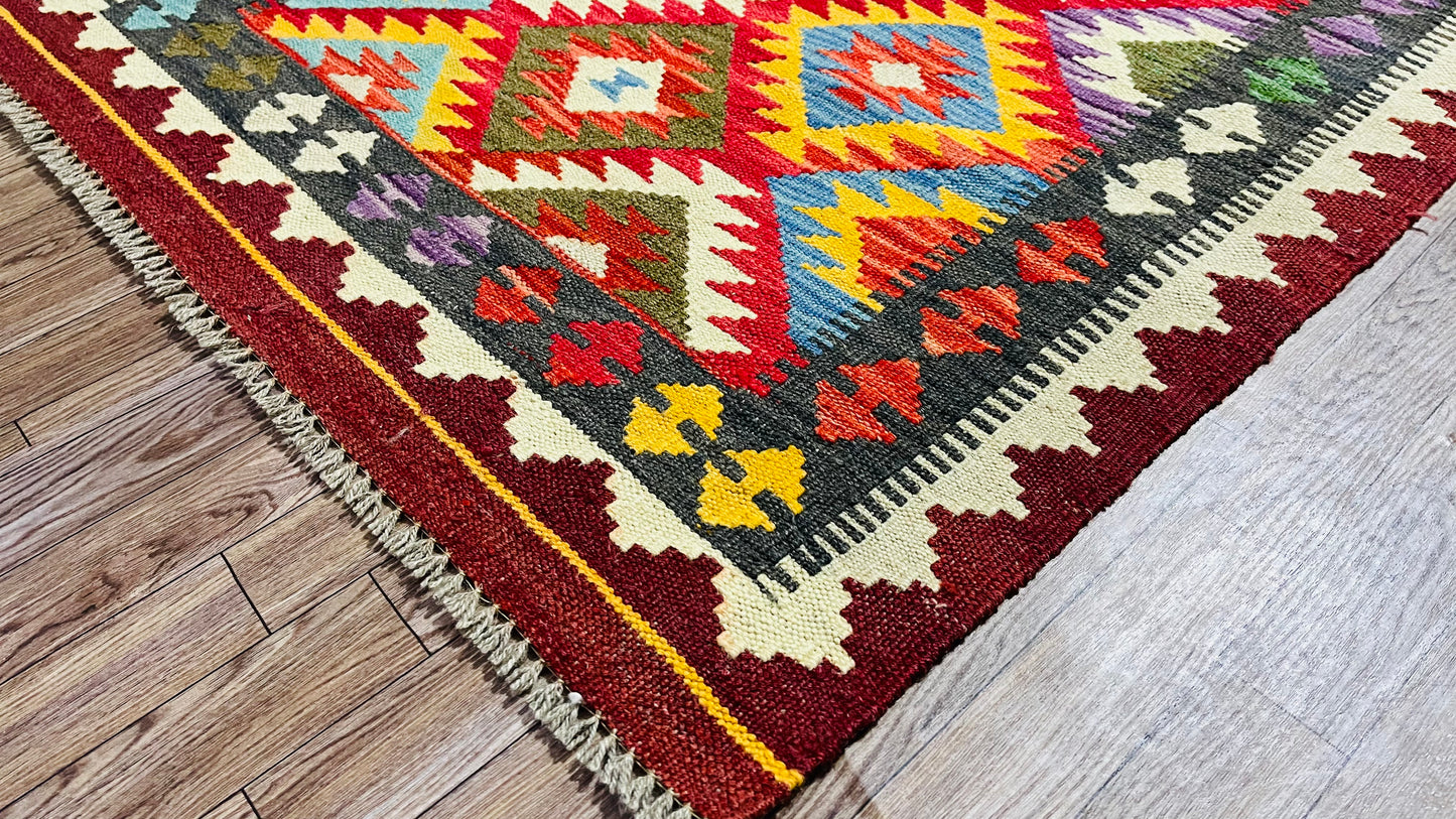 Colorful, Handwoven, Fine Afghan Maimana Kilim - Reversible Runner Rug - 9’ 9’’ x 2’ 9’’