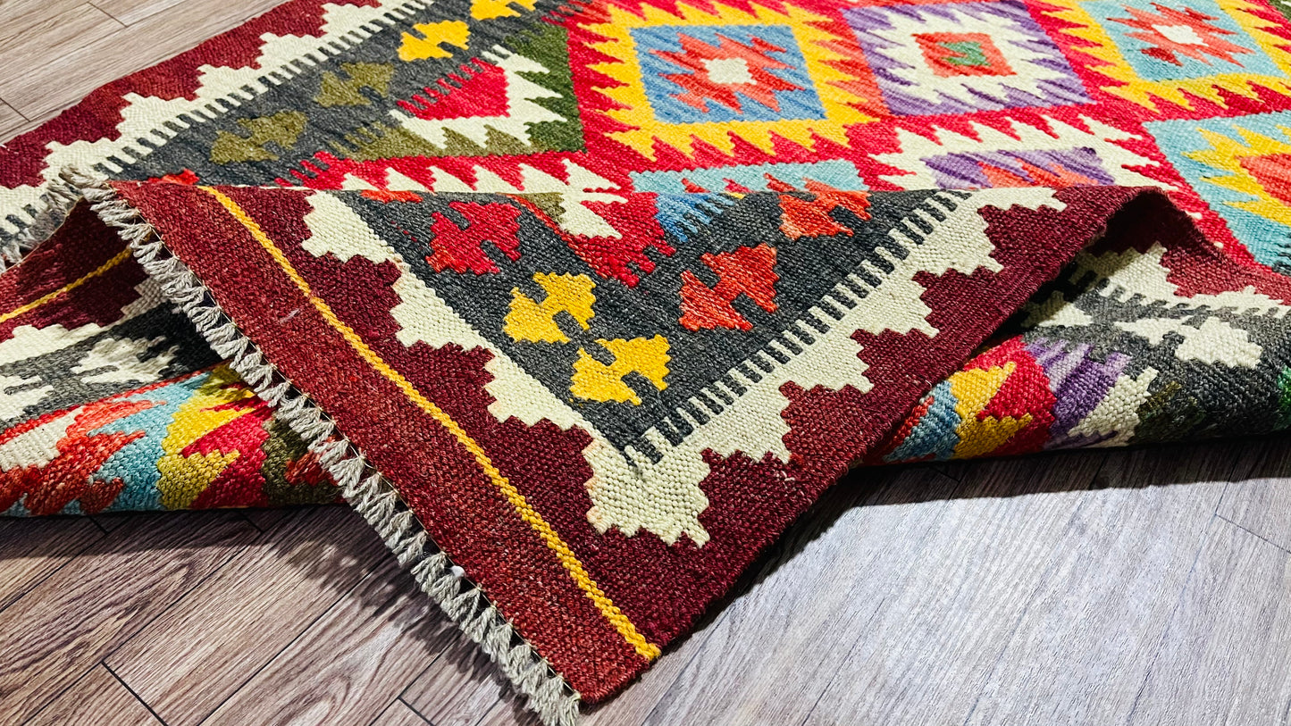 Colorful, Handwoven, Fine Afghan Maimana Kilim - Reversible Runner Rug - 9’ 9’’ x 2’ 9’’