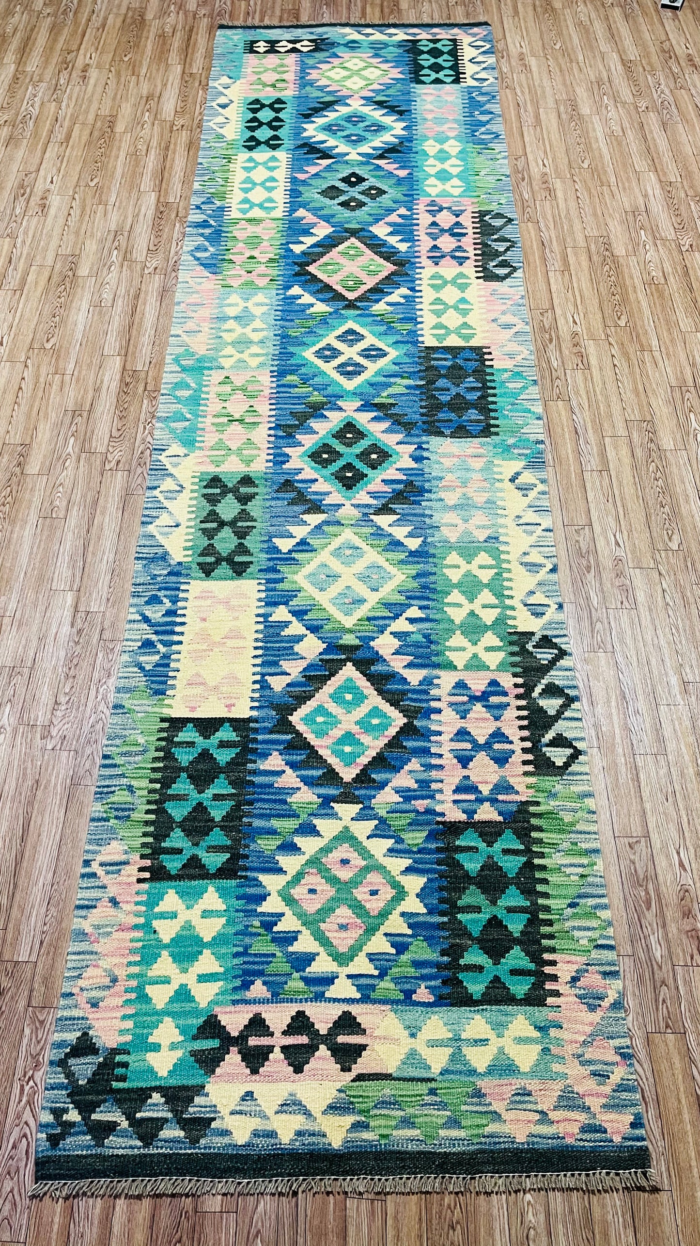 Colorful, Handwoven, Fine Afghan Maimana Kilim - Reversible Runner Rug - 10’ 0’’ x 2’ 8’’