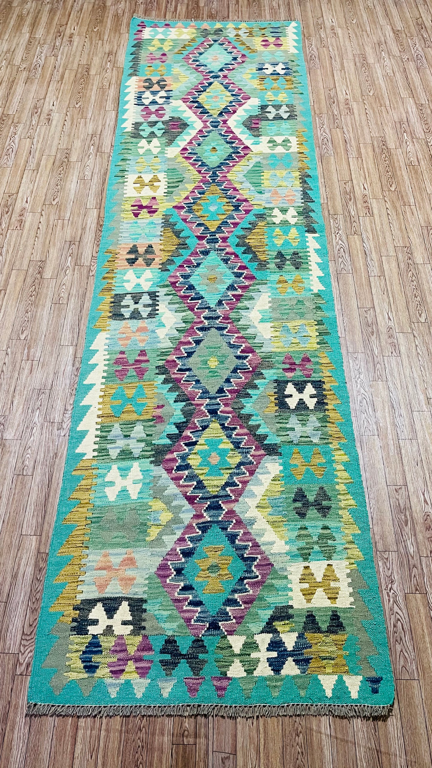 Colorful, Handwoven, Fine Afghan Maimana Kilim - Reversible Runner Rug - 9’ 9’’ x 2’ 8’’