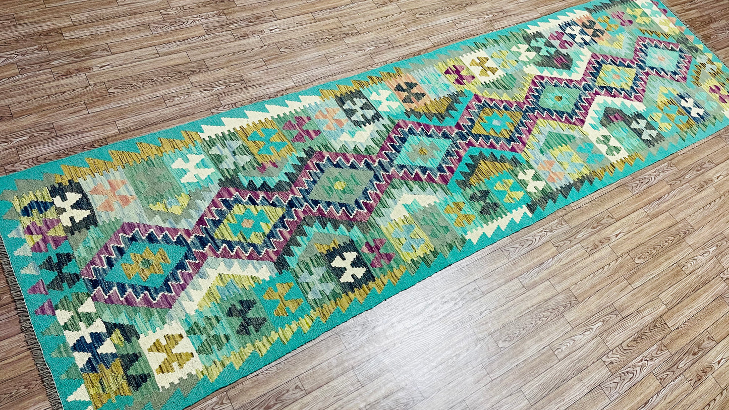 Colorful, Handwoven, Fine Afghan Maimana Kilim - Reversible Runner Rug - 9’ 9’’ x 2’ 8’’