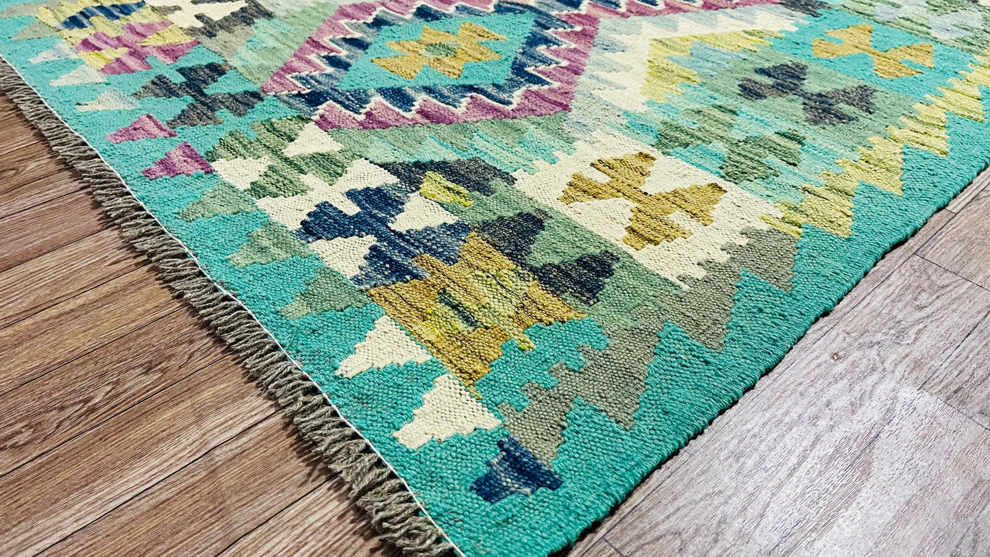 Colorful, Handwoven, Fine Afghan Maimana Kilim - Reversible Runner Rug - 9’ 9’’ x 2’ 8’’