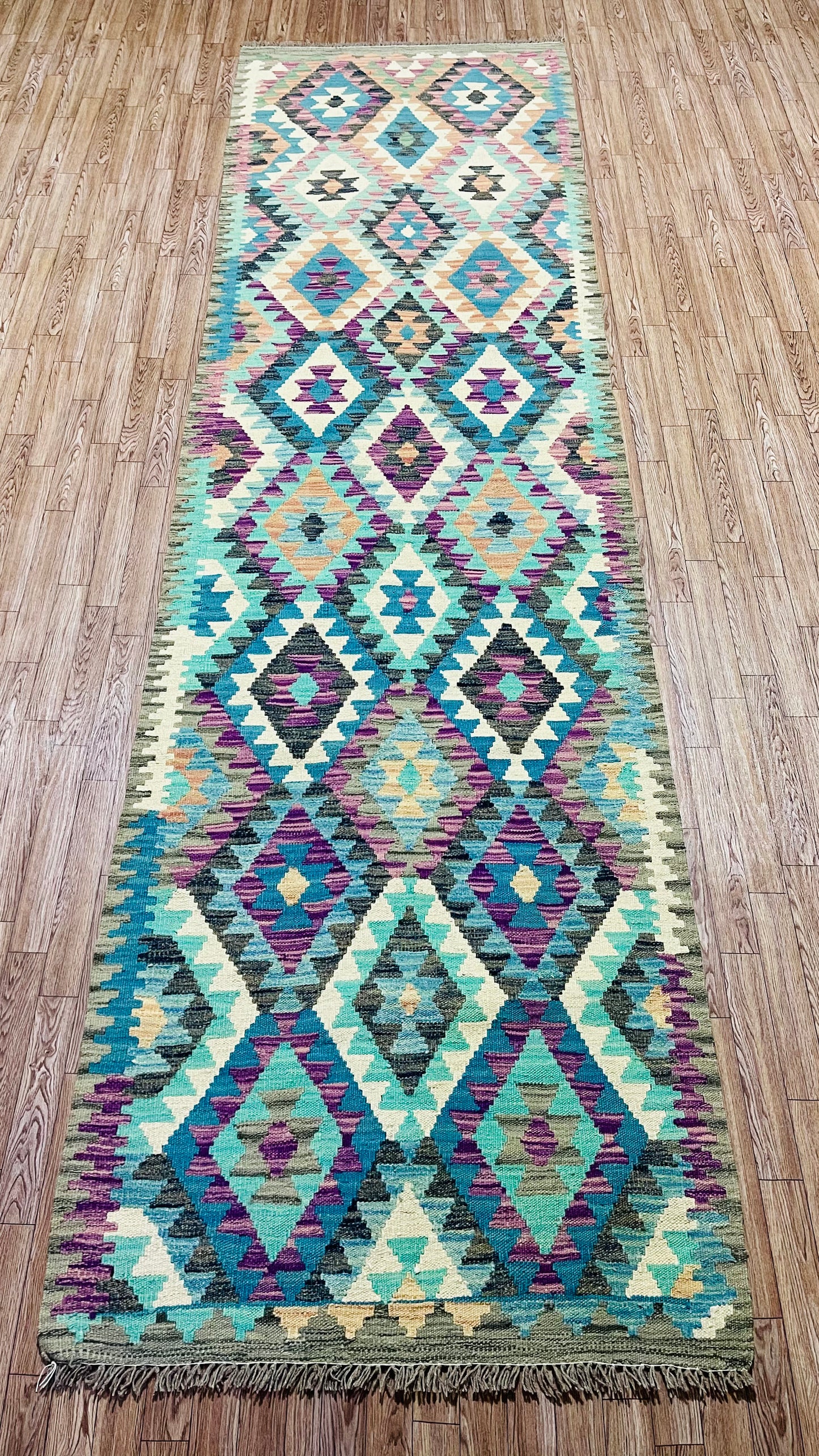 Colorful, Handwoven, Fine Afghan Maimana Kilim - Reversible Runner Rug - 9’ 9’’ x 2’ 7’’