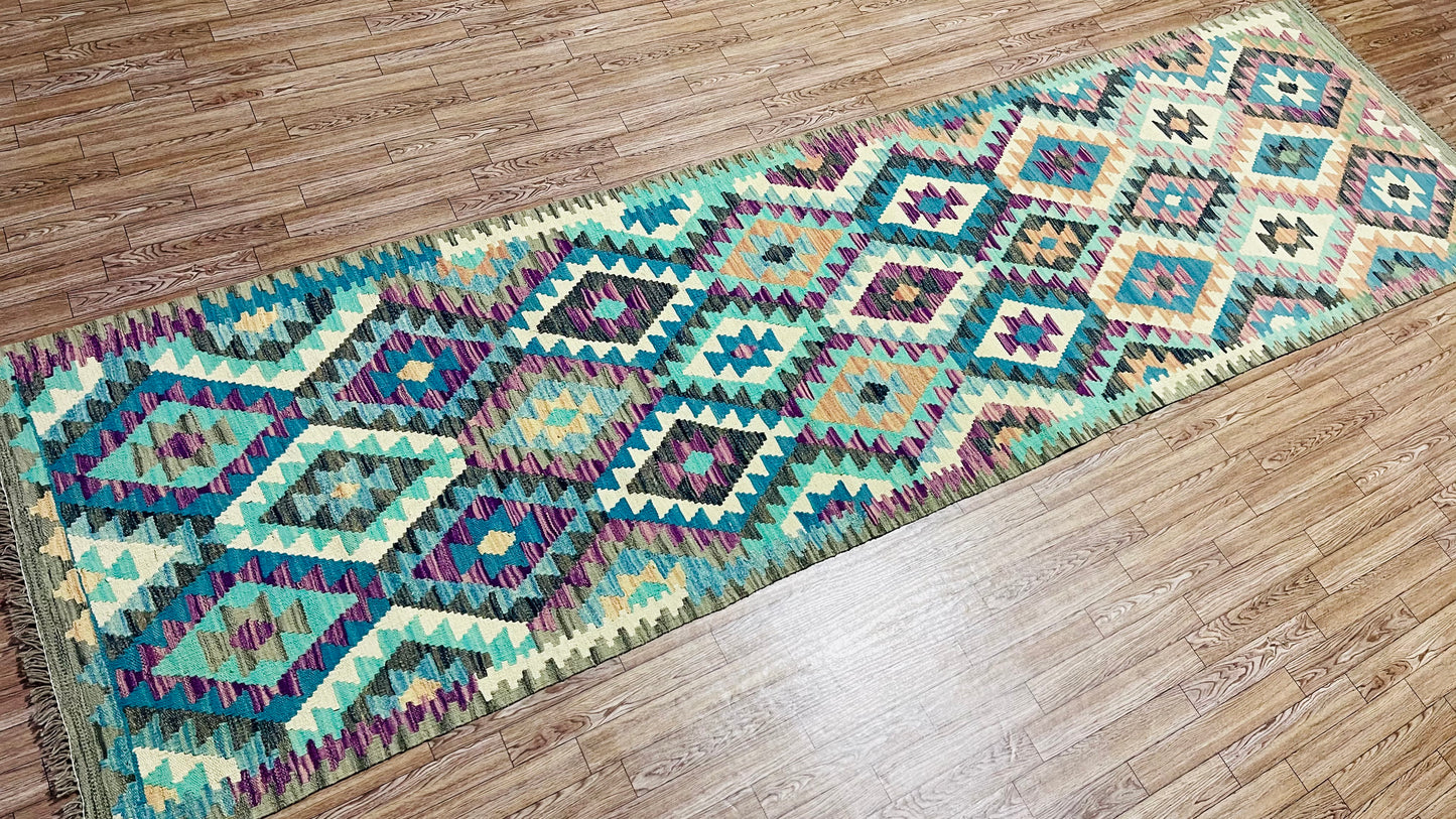 Colorful, Handwoven, Fine Afghan Maimana Kilim - Reversible Runner Rug - 9’ 9’’ x 2’ 7’’