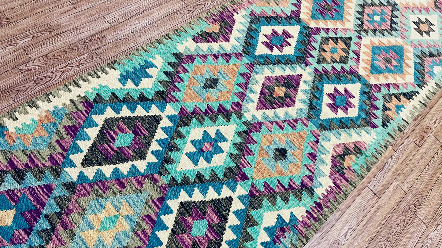 Colorful, Handwoven, Fine Afghan Maimana Kilim - Reversible Runner Rug - 9’ 9’’ x 2’ 7’’