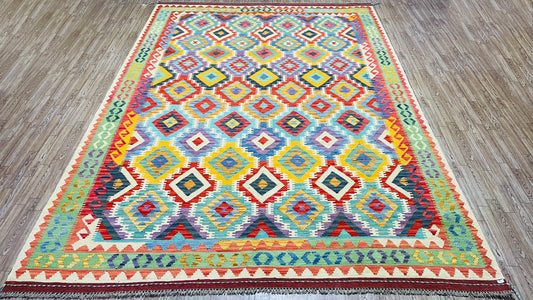 Colorful, Handwoven, Fine Afghan Maimana Kilim - Reversible Area Rug - 9’ 9’’ x 6’ 9’’