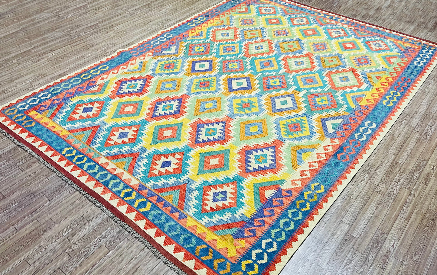 Colorful, Handwoven, Fine Afghan Maimana Kilim - Reversible Area Rug - 9’ 7’’ x 6’ 10’’