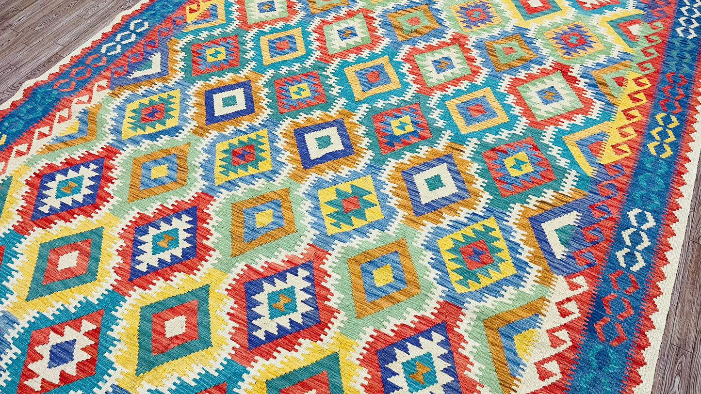 Colorful, Handwoven, Fine Afghan Maimana Kilim - Reversible Area Rug - 9’ 7’’ x 6’ 10’’