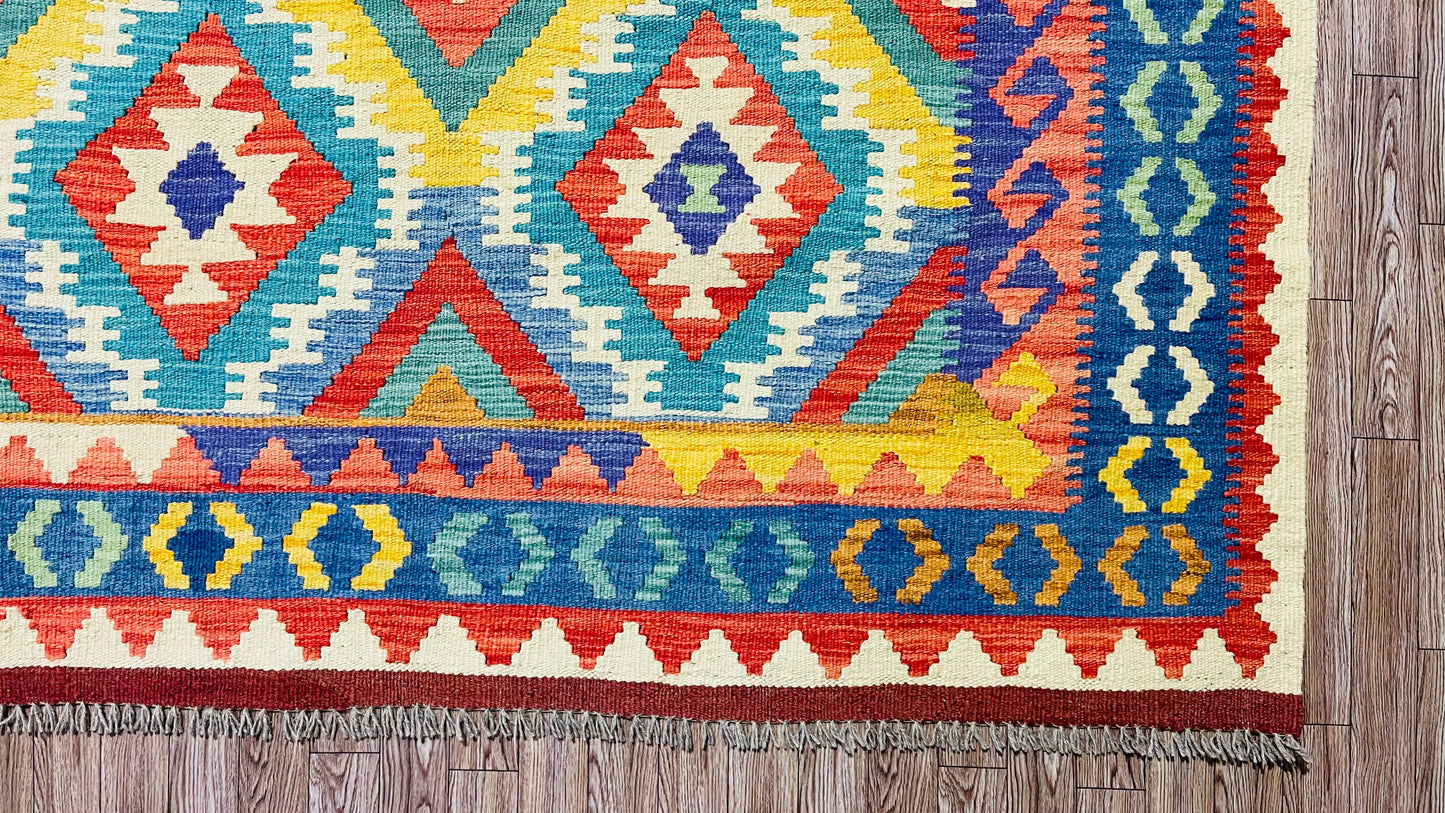 Colorful, Handwoven, Fine Afghan Maimana Kilim - Reversible Area Rug - 9’ 7’’ x 6’ 10’’