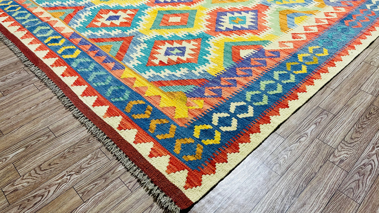 Colorful, Handwoven, Fine Afghan Maimana Kilim - Reversible Area Rug - 9’ 7’’ x 6’ 10’’