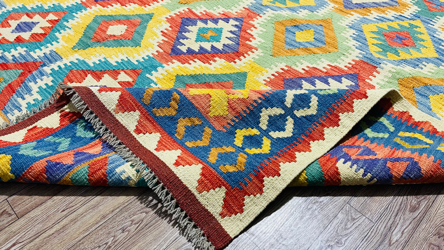 Colorful, Handwoven, Fine Afghan Maimana Kilim - Reversible Area Rug - 9’ 7’’ x 6’ 10’’