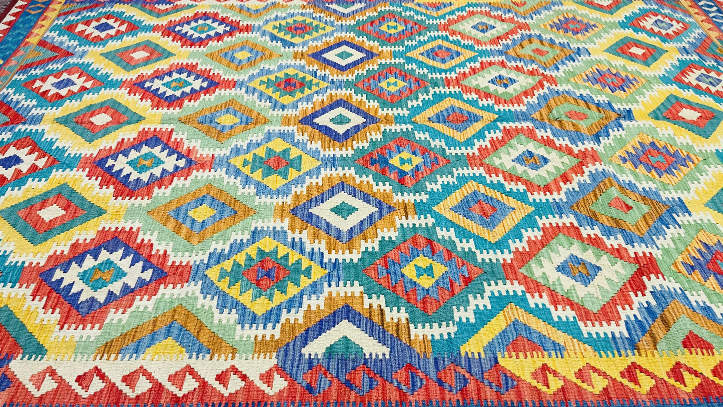 Colorful, Handwoven, Fine Afghan Maimana Kilim - Reversible Area Rug - 9’ 7’’ x 6’ 10’’