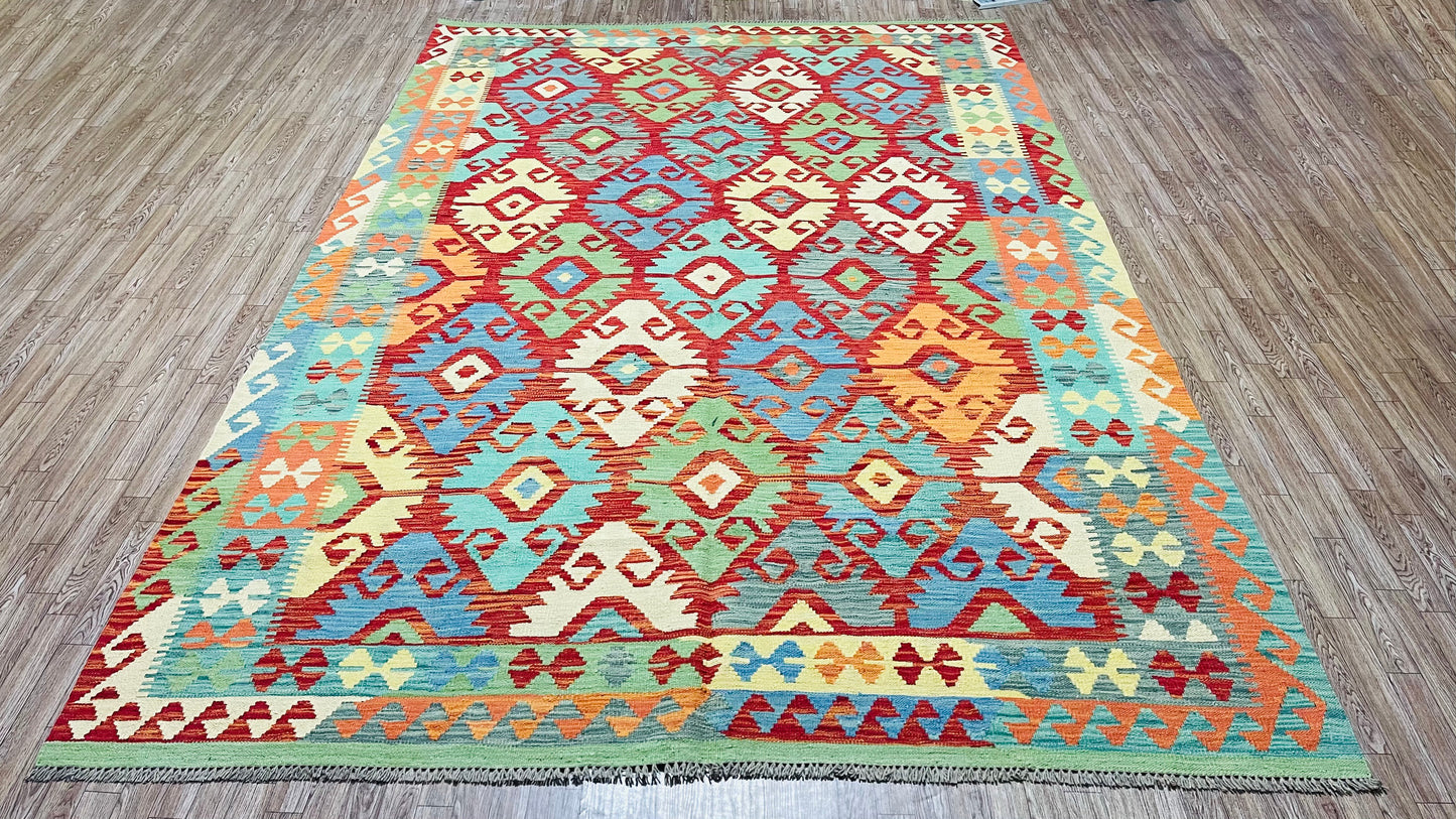 Colorful, Handwoven, Fine Afghan Maimana Kilim - Reversible Area Rug - 9’ 9’’ x 6’ 6’’