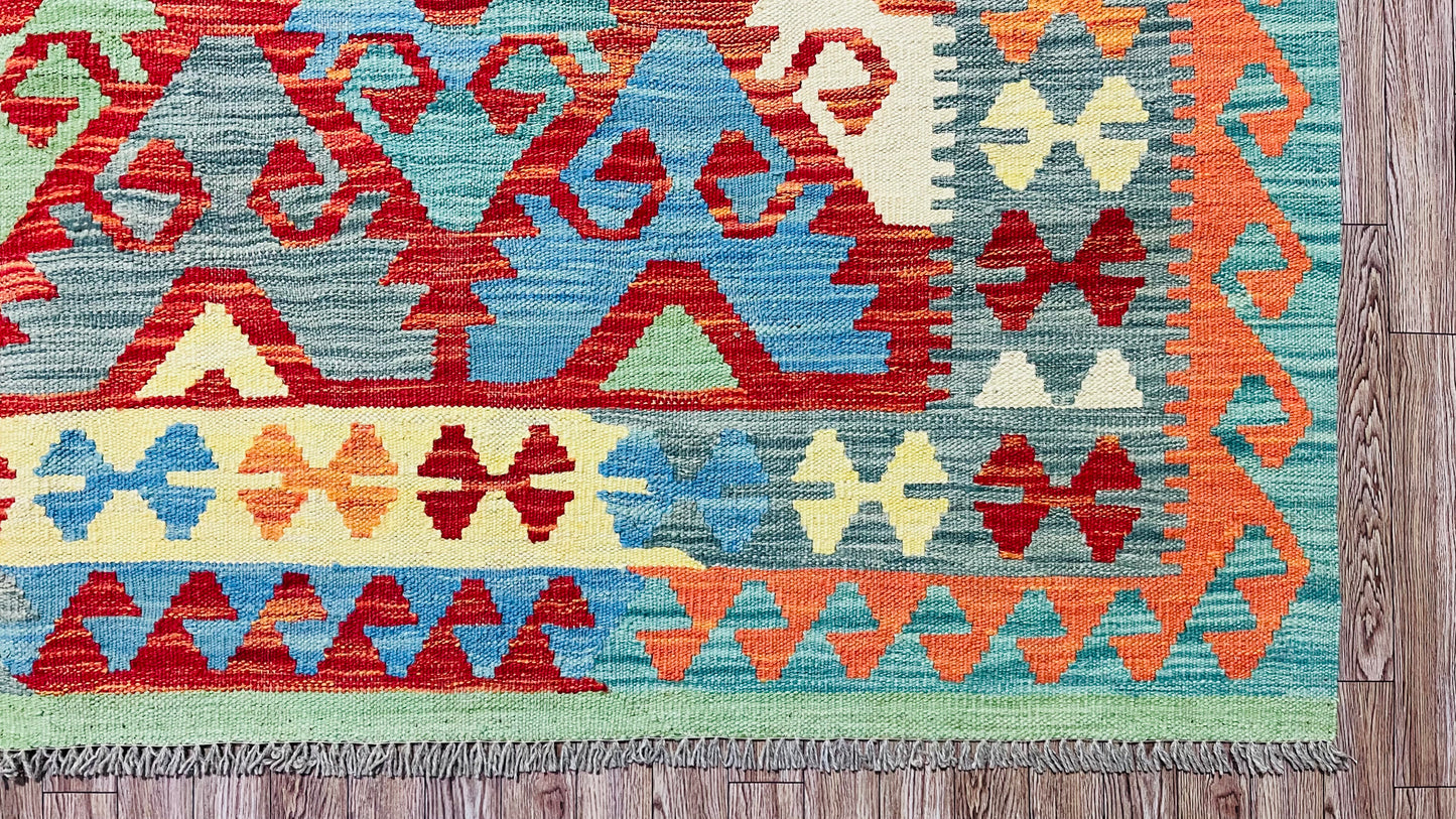 Colorful, Handwoven, Fine Afghan Maimana Kilim - Reversible Area Rug - 9’ 9’’ x 6’ 6’’