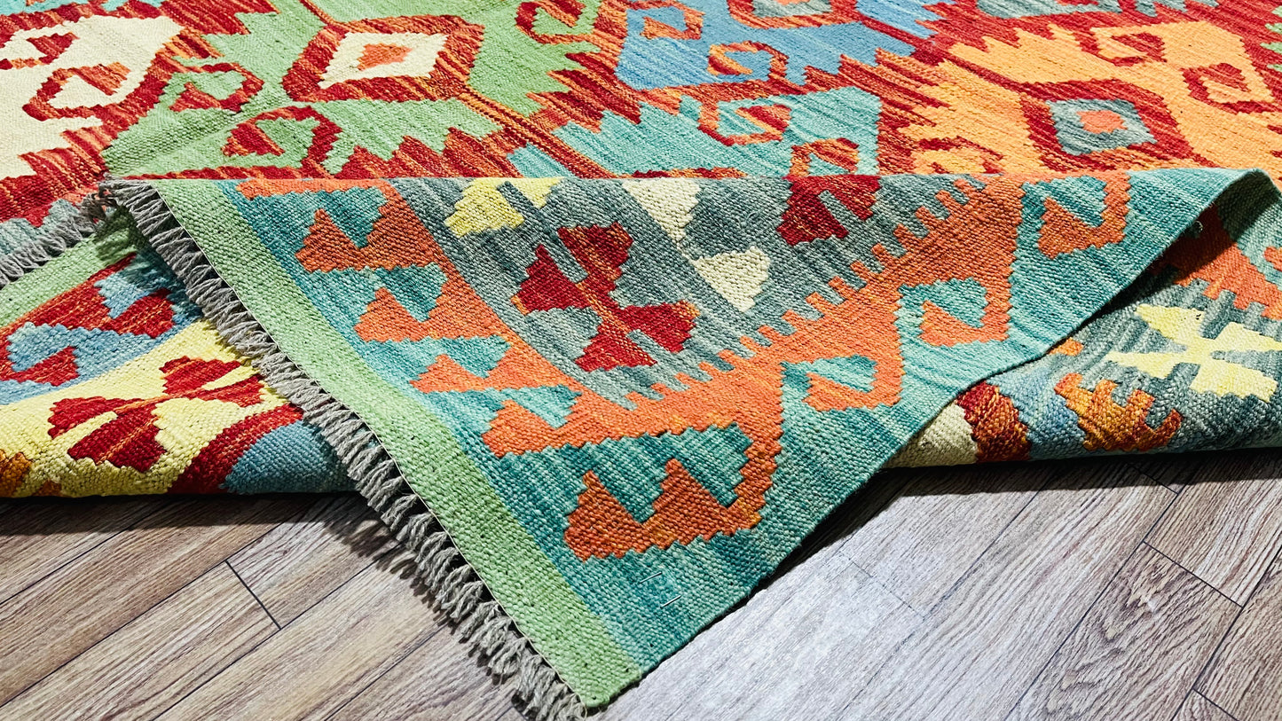 Colorful, Handwoven, Fine Afghan Maimana Kilim - Reversible Area Rug - 9’ 9’’ x 6’ 6’’