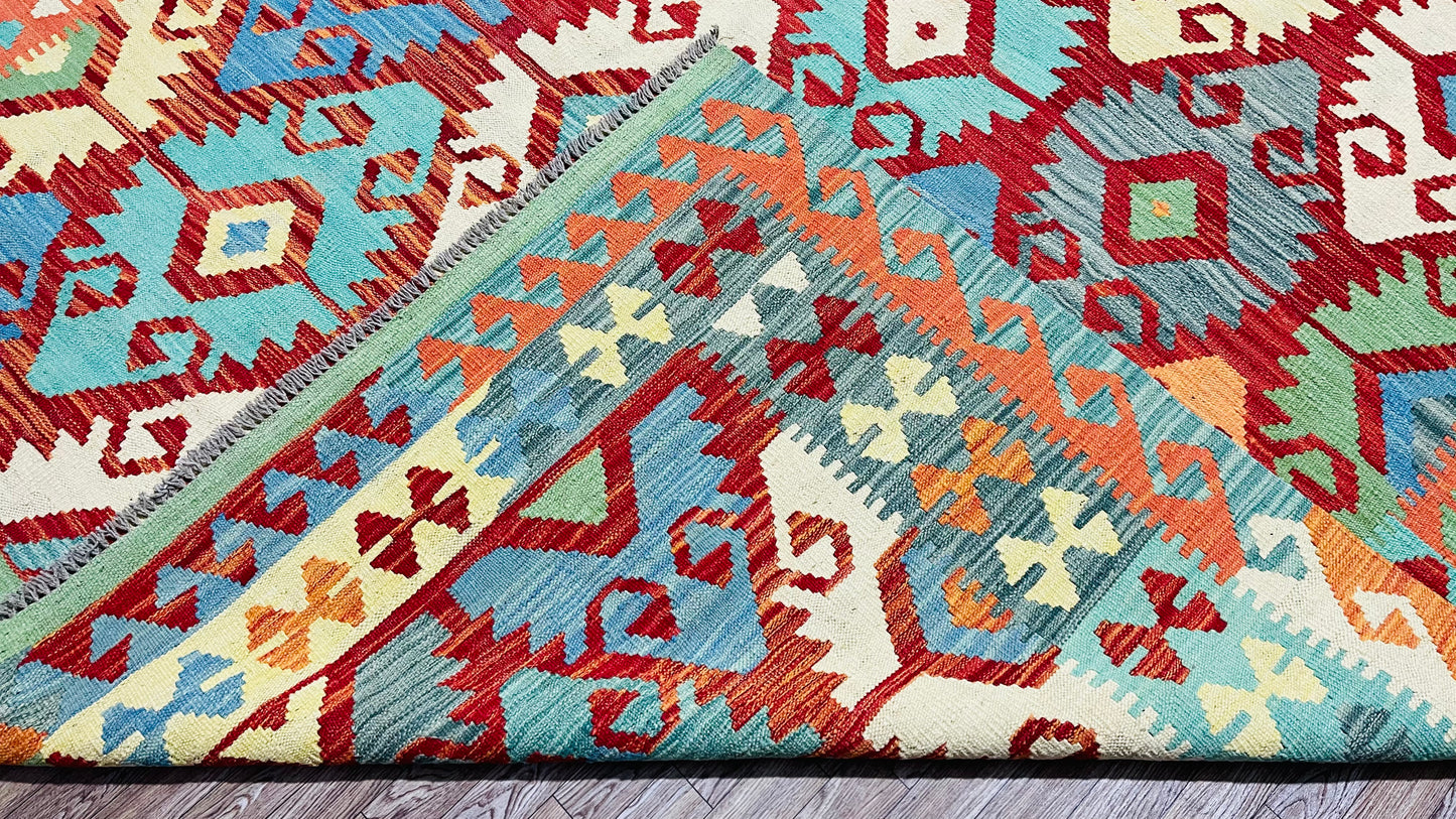 Colorful, Handwoven, Fine Afghan Maimana Kilim - Reversible Area Rug - 9’ 9’’ x 6’ 6’’