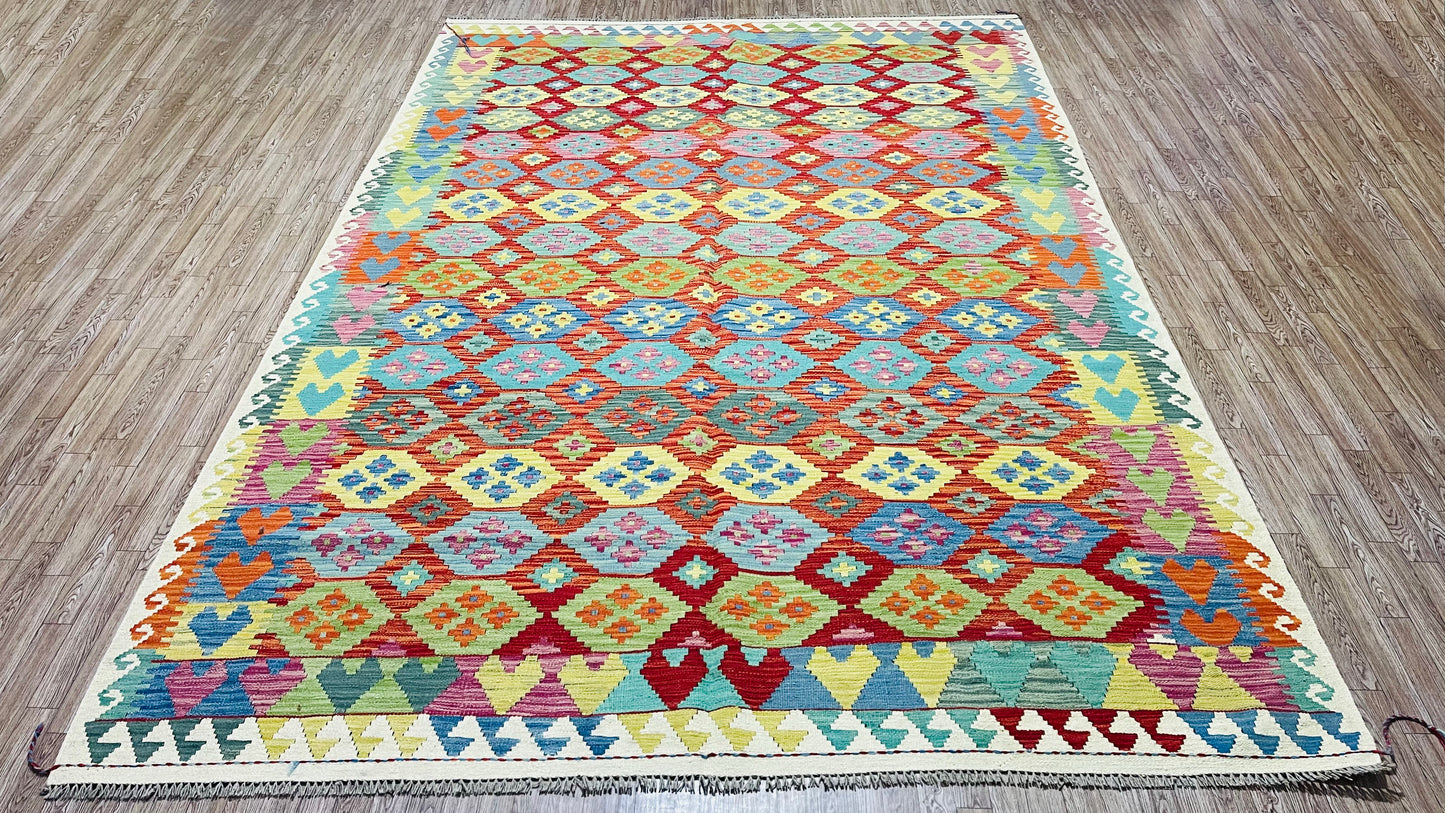 Colorful, Handwoven, Fine Afghan Maimana Kilim -Reversible Area Rug - 9’ 8’’ x 6’ 8’’