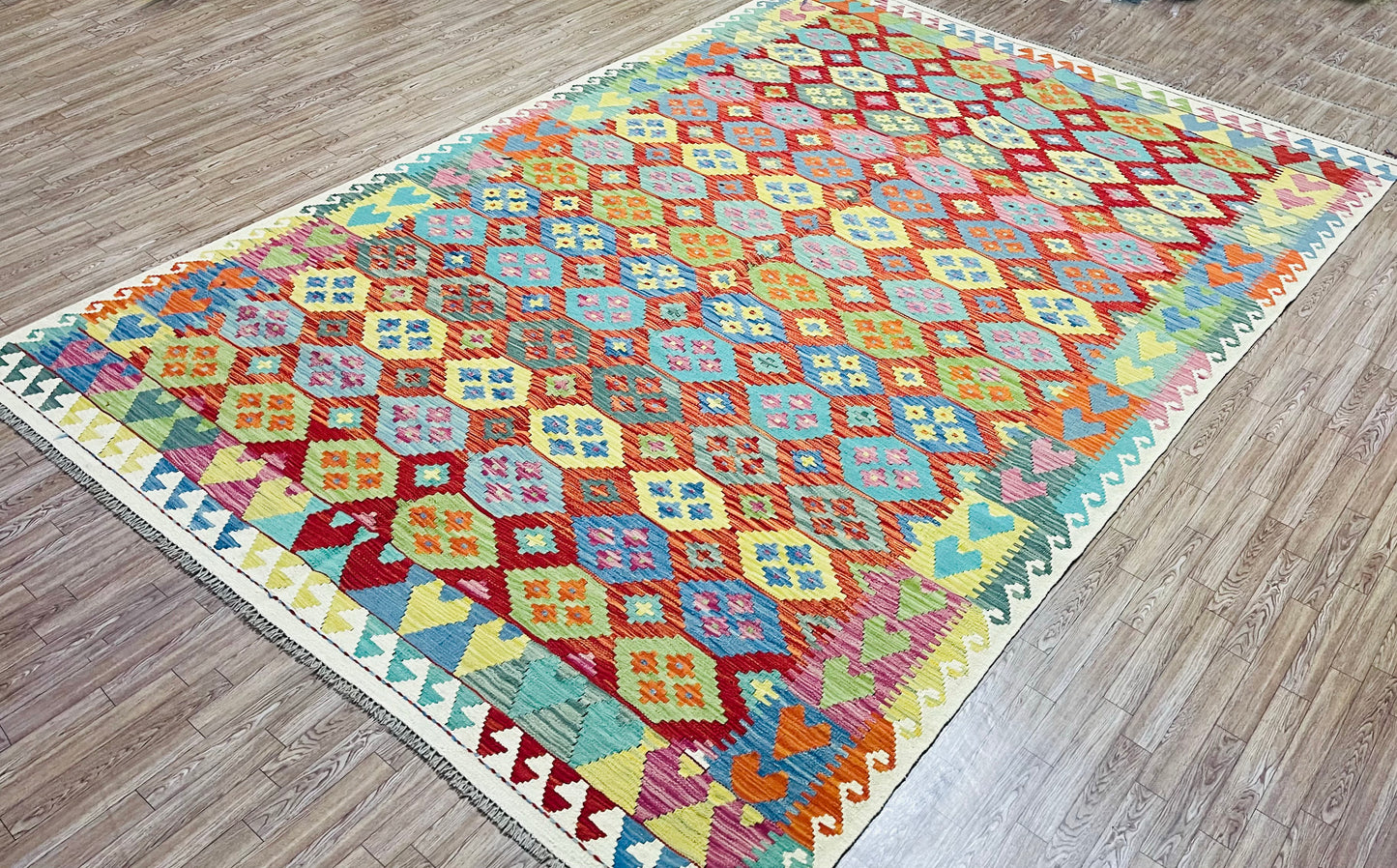 Colorful, Handwoven, Fine Afghan Maimana Kilim -Reversible Area Rug - 9’ 8’’ x 6’ 8’’