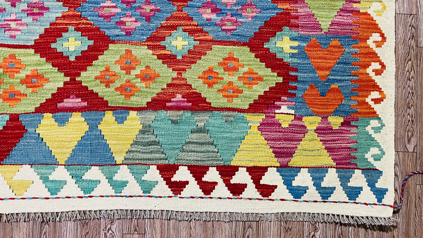 Colorful, Handwoven, Fine Afghan Maimana Kilim -Reversible Area Rug - 9’ 8’’ x 6’ 8’’