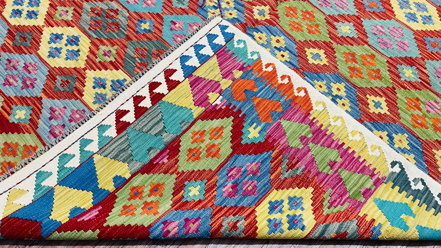 Colorful, Handwoven, Fine Afghan Maimana Kilim -Reversible Area Rug - 9’ 8’’ x 6’ 8’’