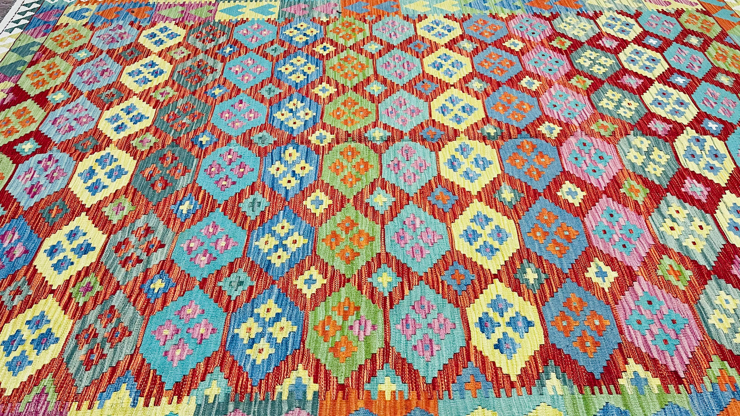 Colorful, Handwoven, Fine Afghan Maimana Kilim -Reversible Area Rug - 9’ 8’’ x 6’ 8’’