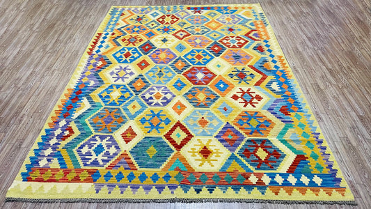 Colorful, Handwoven, Fine Afghan Maimana Kilim - Reversible Area Rug - 9’ 7’’ x 6’ 7’’