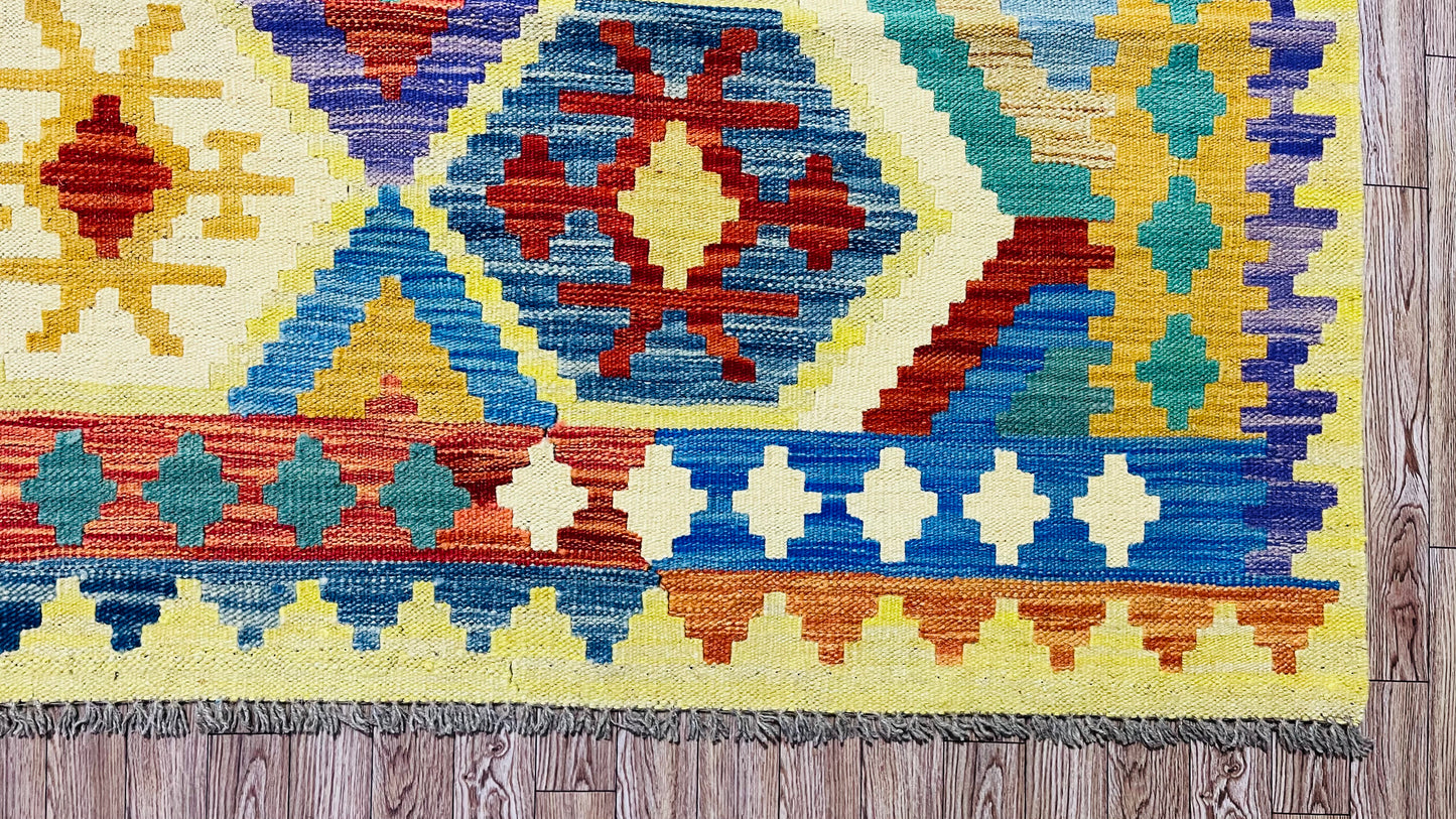 Colorful, Handwoven, Fine Afghan Maimana Kilim - Reversible Area Rug - 9’ 7’’ x 6’ 7’’