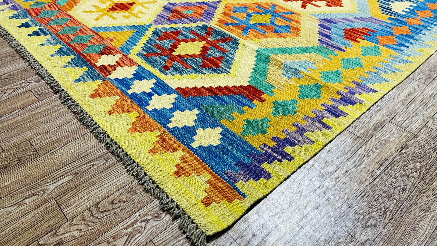 Colorful, Handwoven, Fine Afghan Maimana Kilim - Reversible Area Rug - 9’ 7’’ x 6’ 7’’