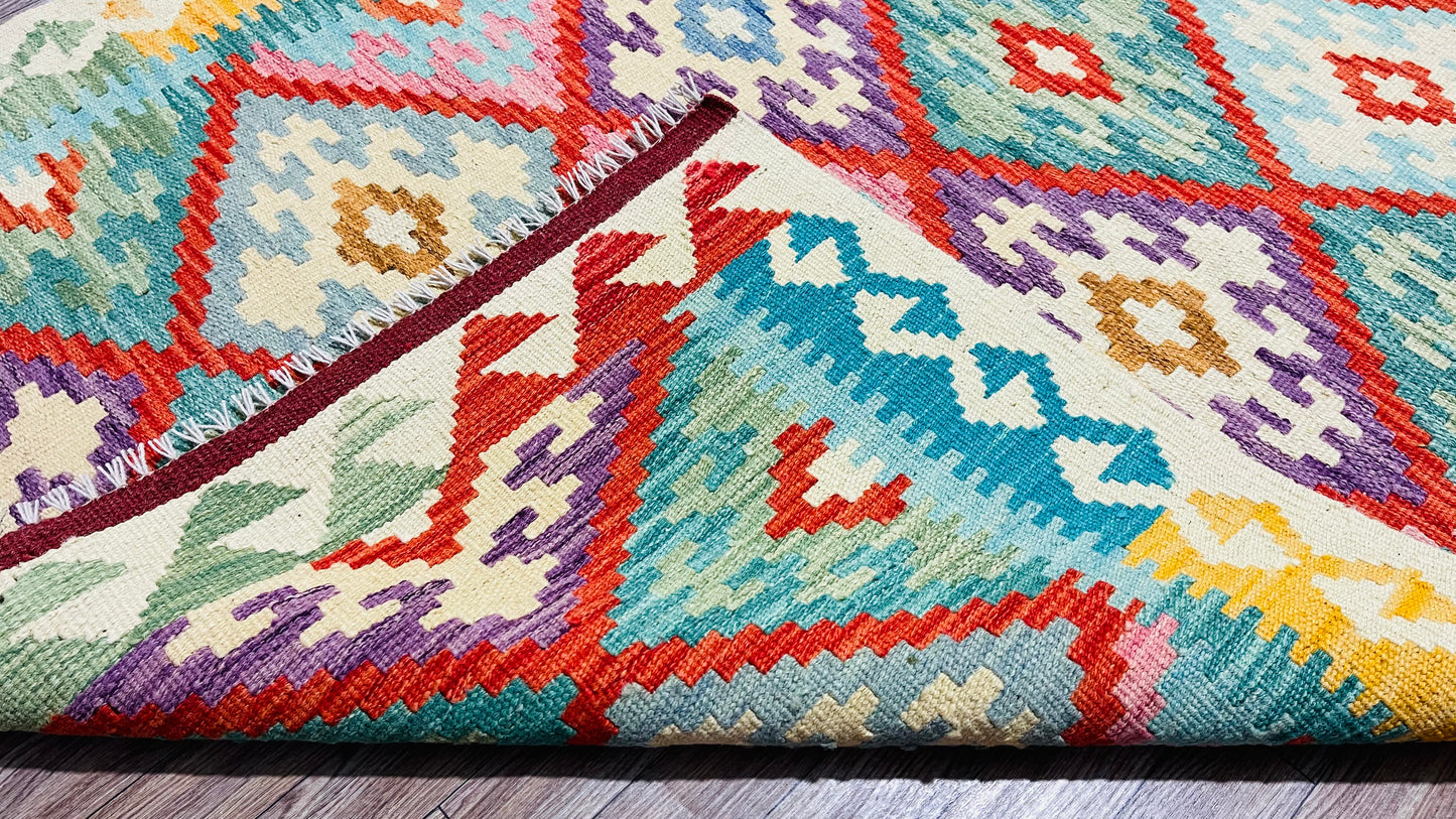 Colorful, Handwoven, Fine Afghan Maimana Kilim - Reversible Area Rug - 5’ 0’’ x 3’ 4’’