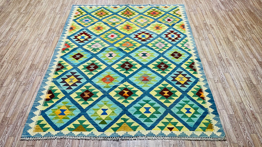 Colorful, Handwoven, Fine Afghan Maimana Kilim - Reversible Area Rug - 6’ 7’’ x 4’ 12’’