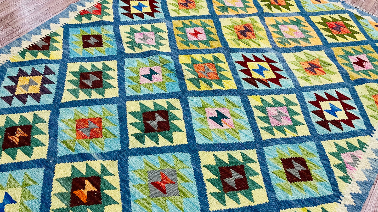 Colorful, Handwoven, Fine Afghan Maimana Kilim - Reversible Area Rug - 6’ 7’’ x 4’ 12’’